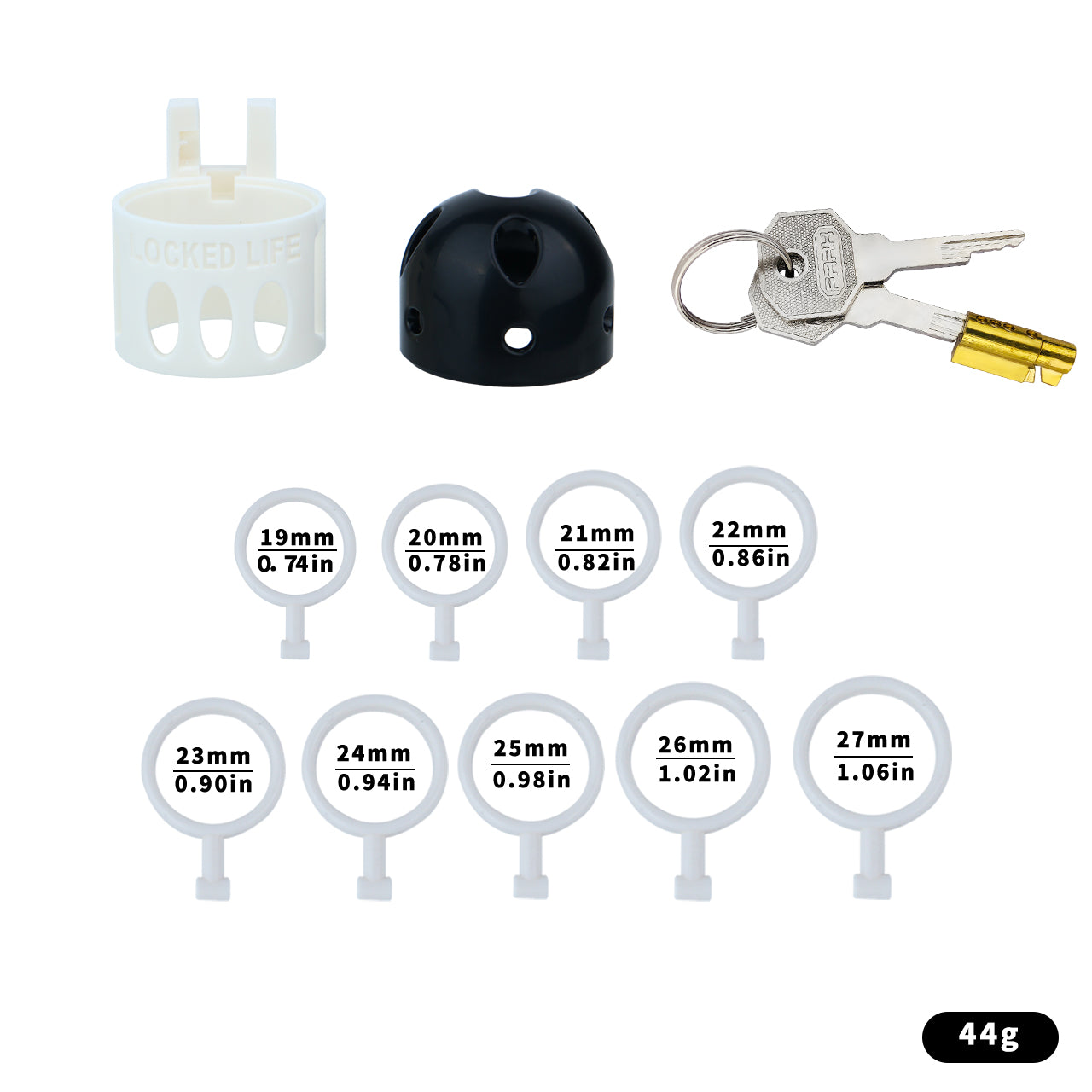 Black and white ringless bullet cage kit without belt, with nine inner rings and keys
