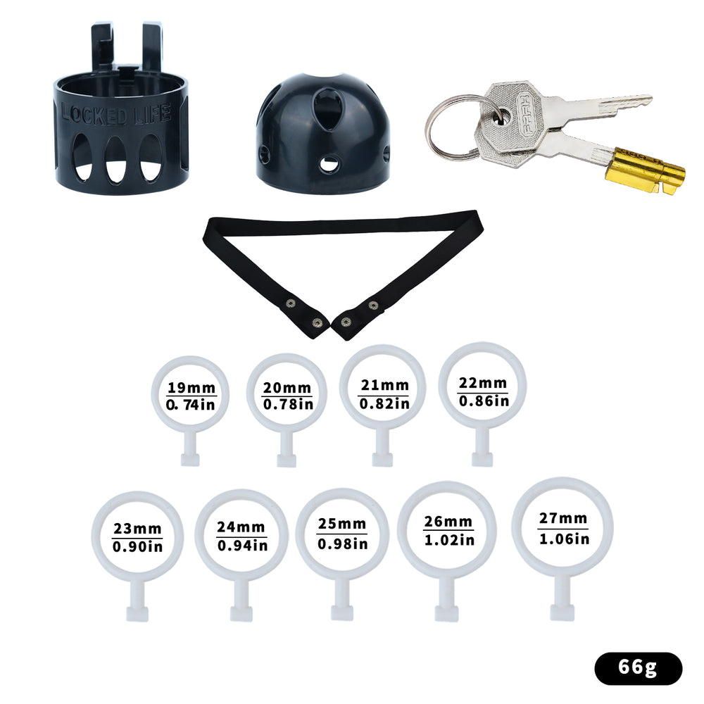 Black ringless bullet cage kit with waist belt, nine inner rings and keys
