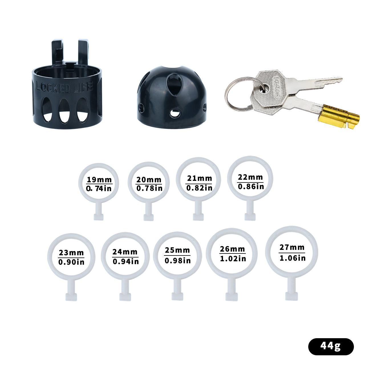 Black ringless bullet cage kit without belt, with nine inner rings and keys
