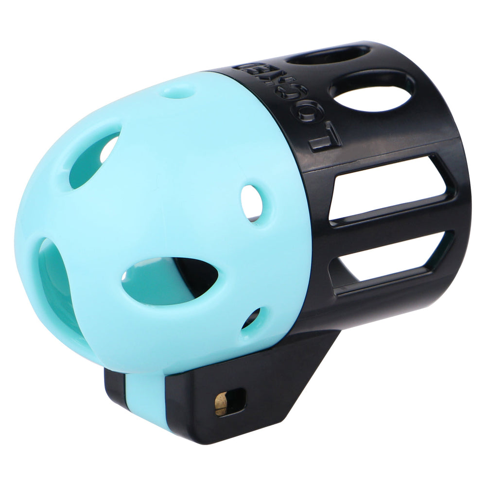Blue and black ringless bullet cage angled to show vented rear and front opening
