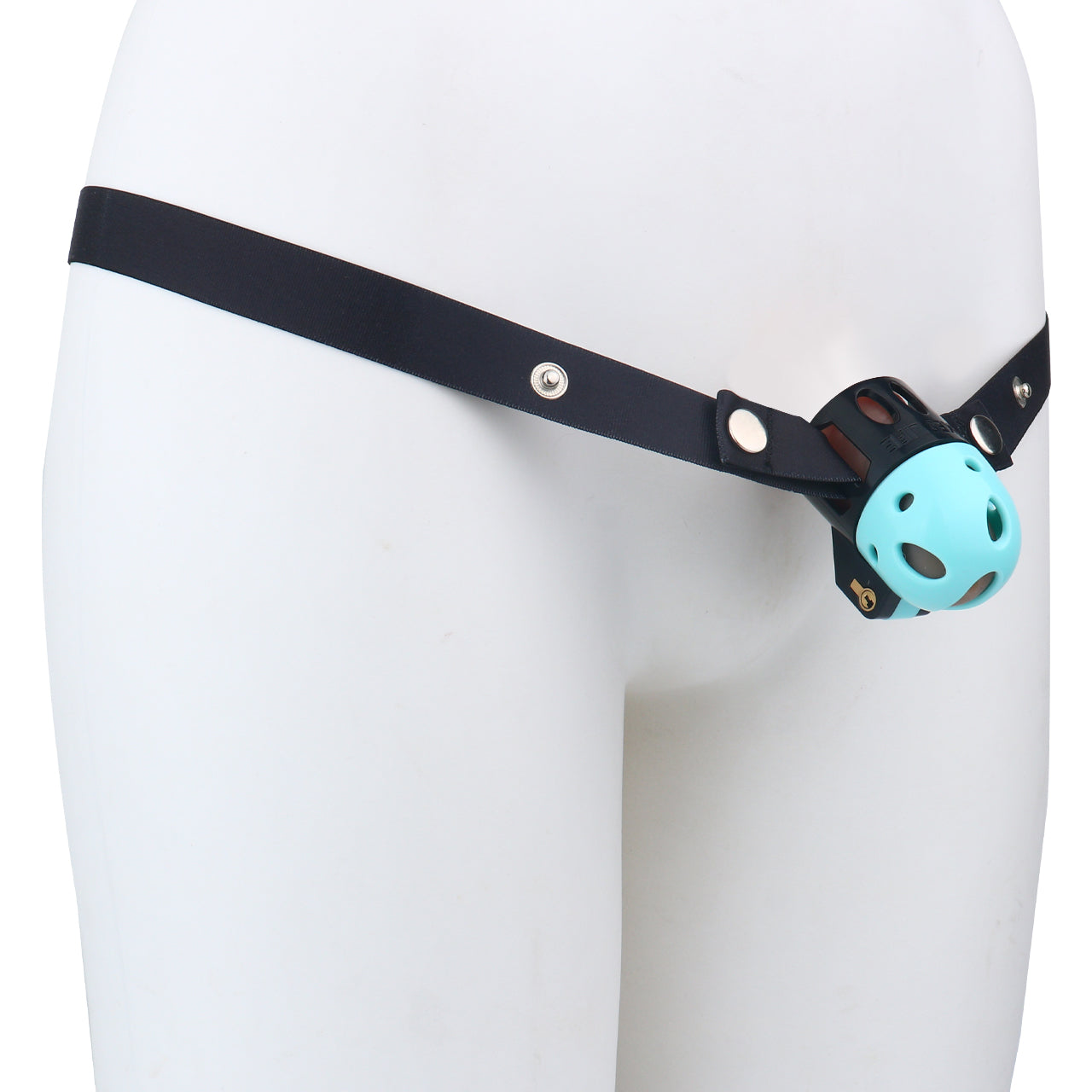 Blue and black ringless bullet cage with waist belt on a mannequin, side view
