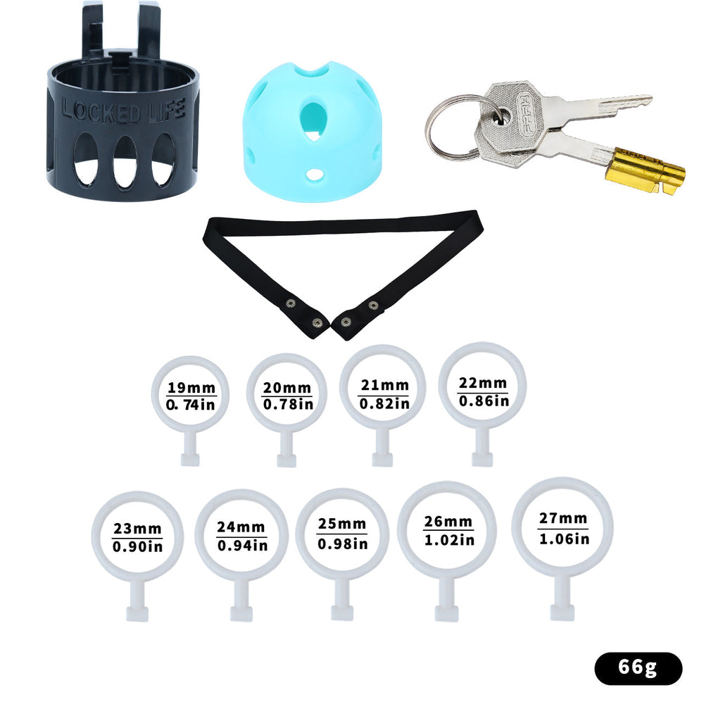 Blue and black ringless bullet cage kit with waist belt, nine inner rings and keys

