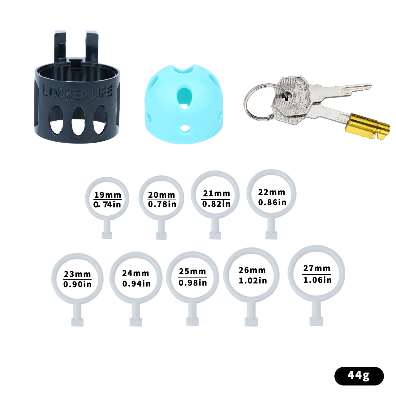 Blue and black ringless bullet cage kit without belt, with nine inner rings and keys
