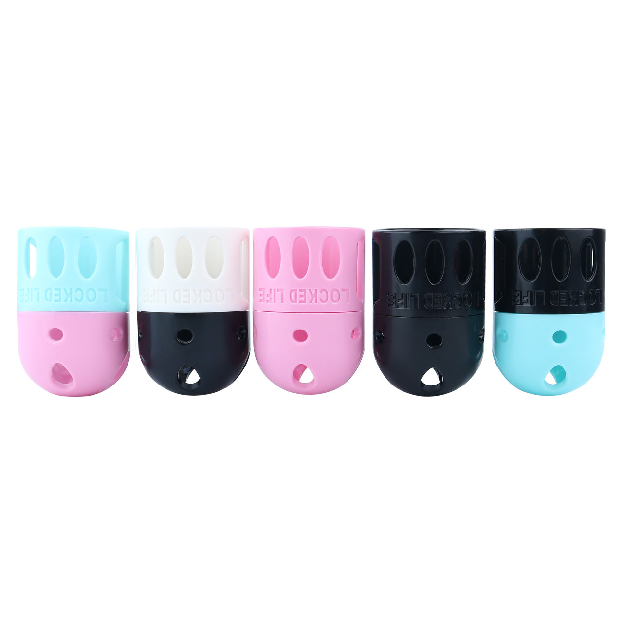 Five ringless bullet cage color options lined up on a white background
