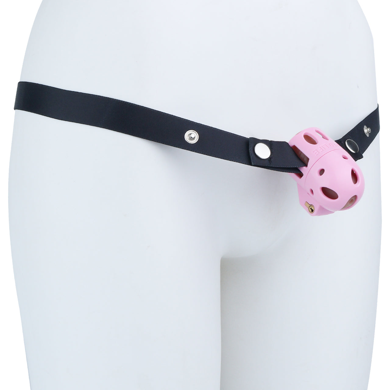 Pink ringless bullet cage and black waist belt displayed on a white mannequin

