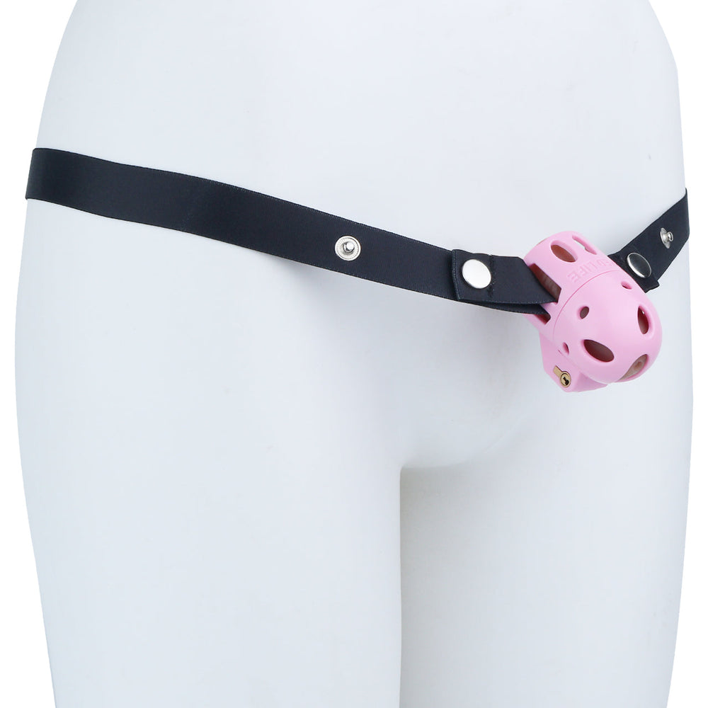 Pink ringless bullet cage and black waist belt displayed on a white mannequin
