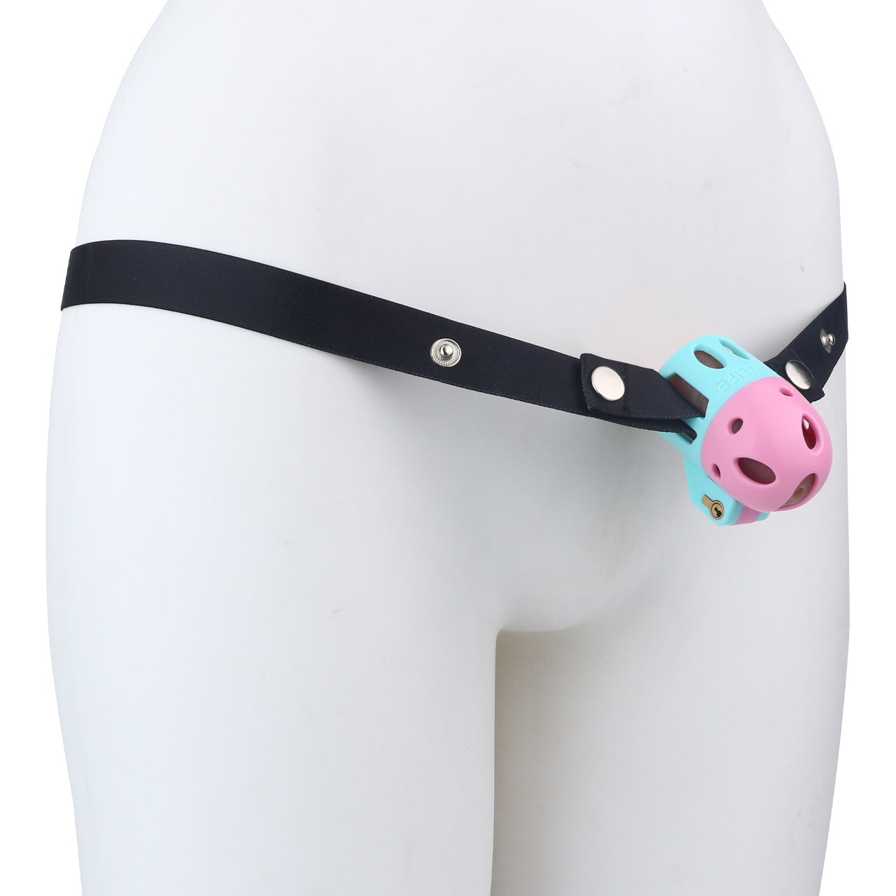 Pink and blue ringless bullet cage with black belt shown on a white mannequin
