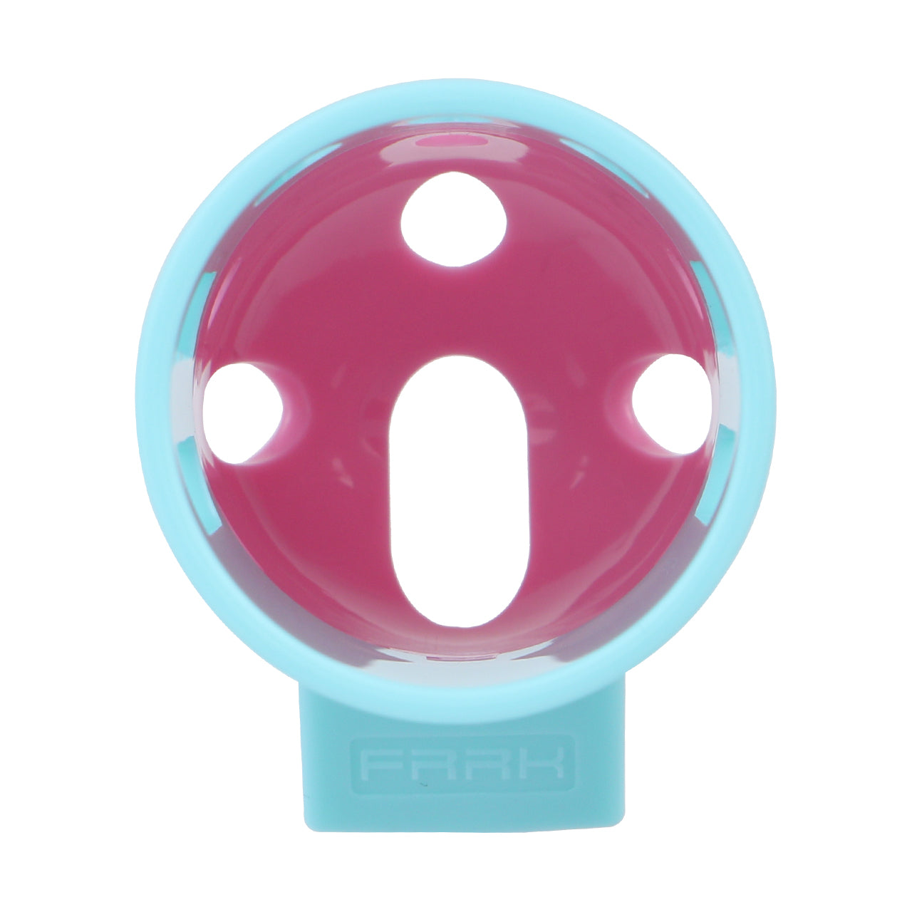 Front opening of pink and blue ringless bullet cage showing vent holes
