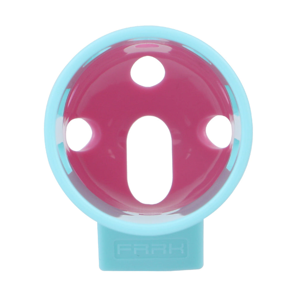 Front opening of pink and blue ringless bullet cage showing vent holes
