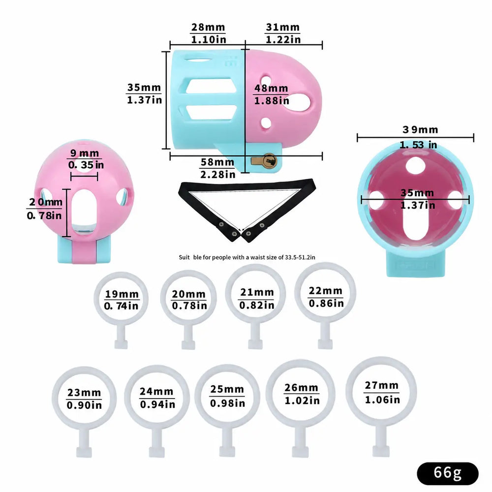 Pink and blue ringless bullet cage size chart with optional belt and nine ring sizes
