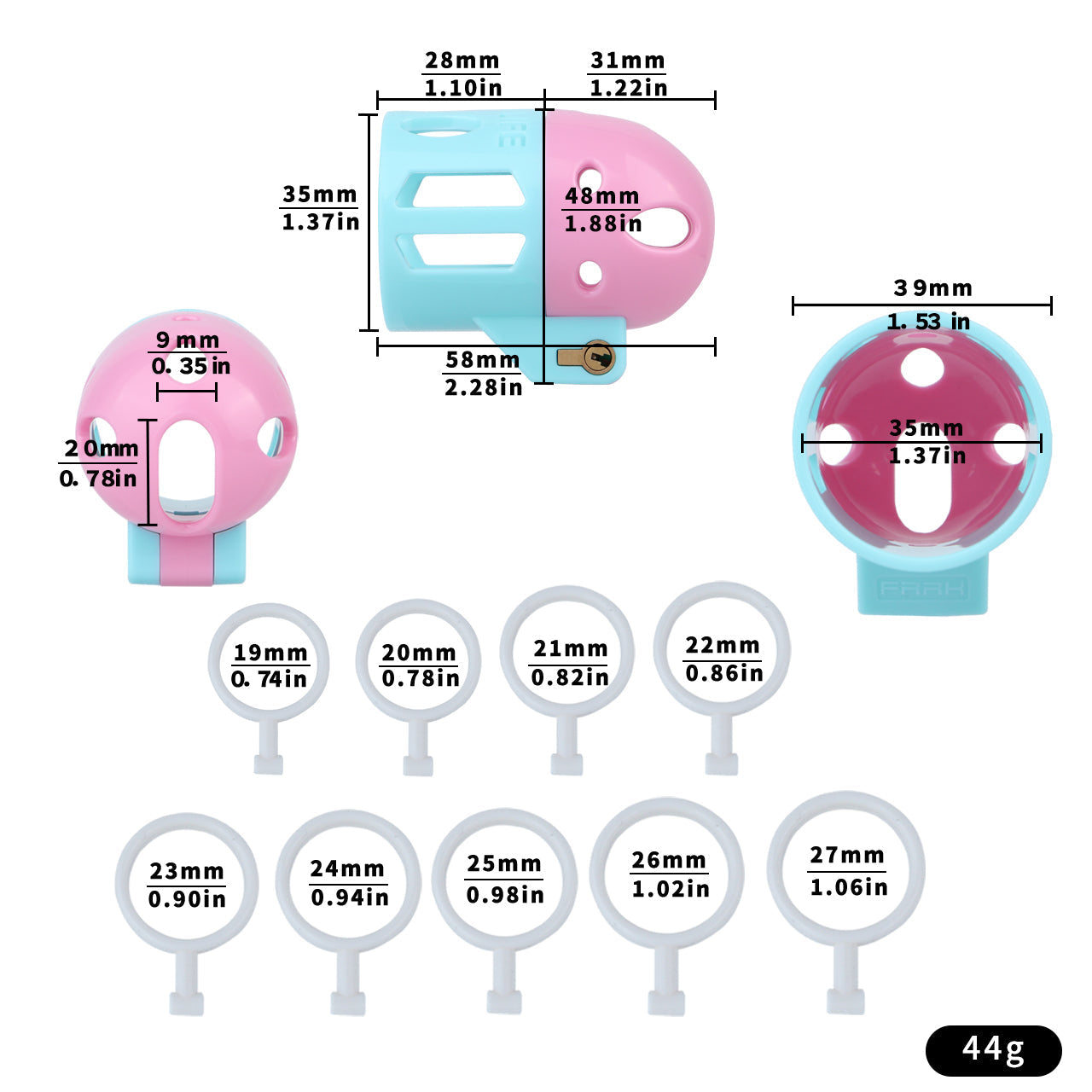 Pink and blue ringless bullet cage size chart with 58 mm length and nine ring sizes
