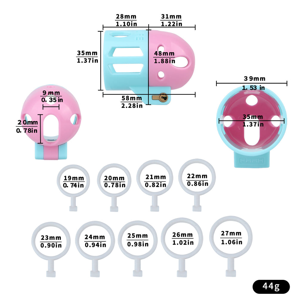 Pink and blue ringless bullet cage size chart with 58 mm length and nine ring sizes
