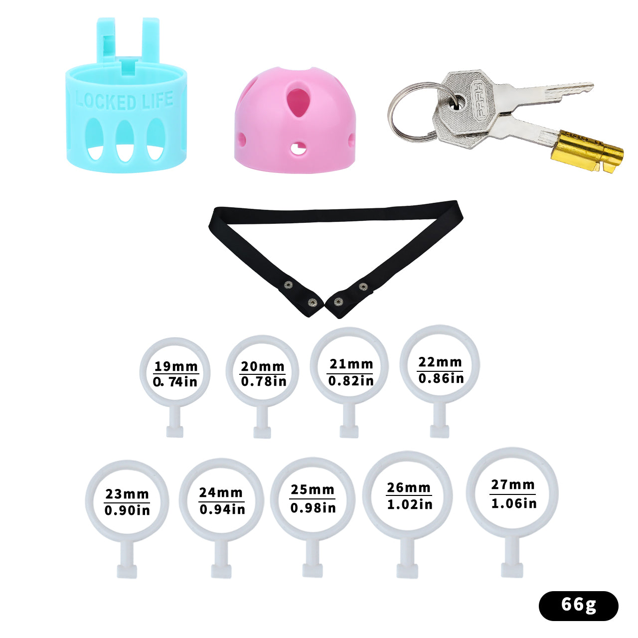 Pink and blue ringless bullet cage kit with black waist belt, nine inner rings and keys
