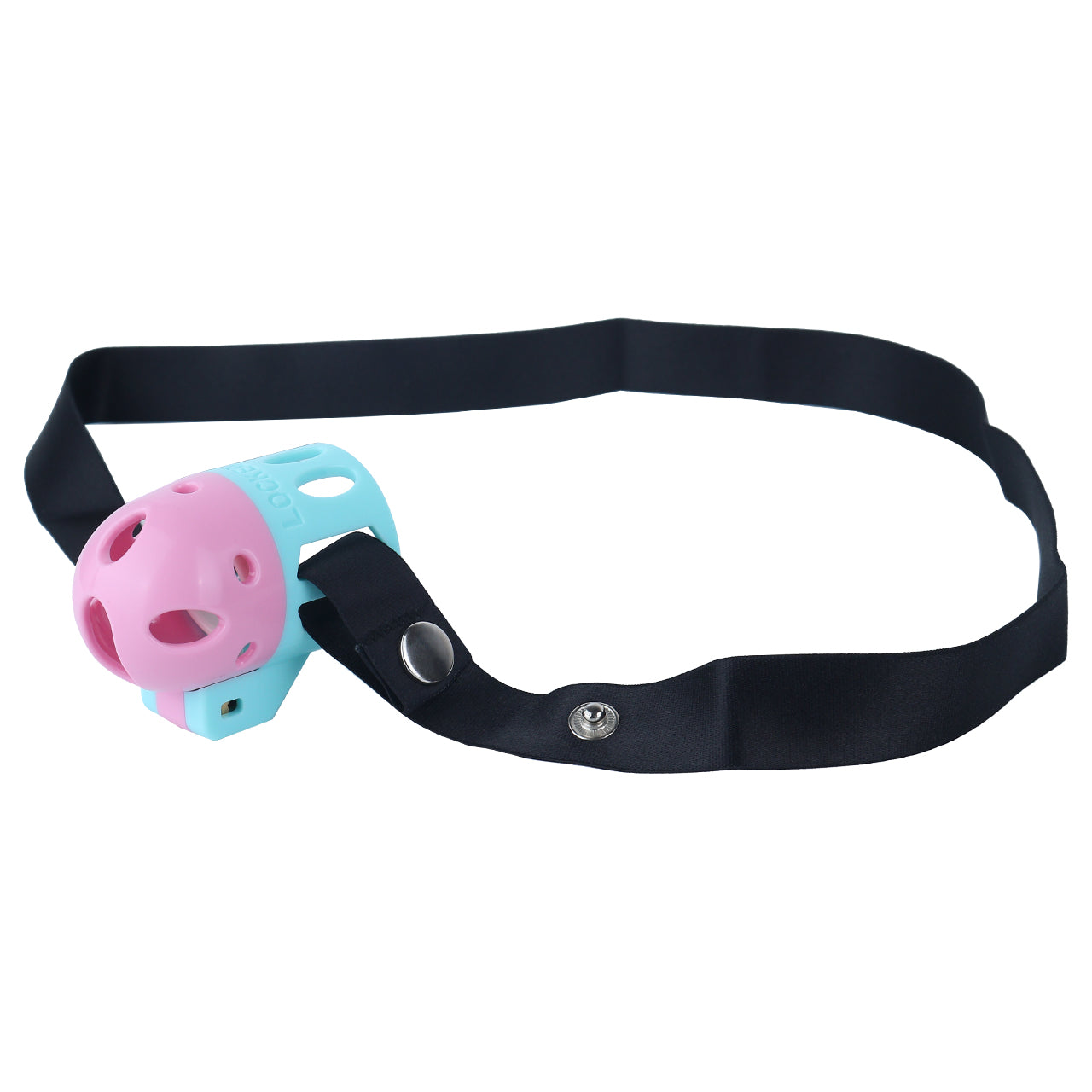 Pink and blue ringless bullet cage attached to black adjustable waist belt
