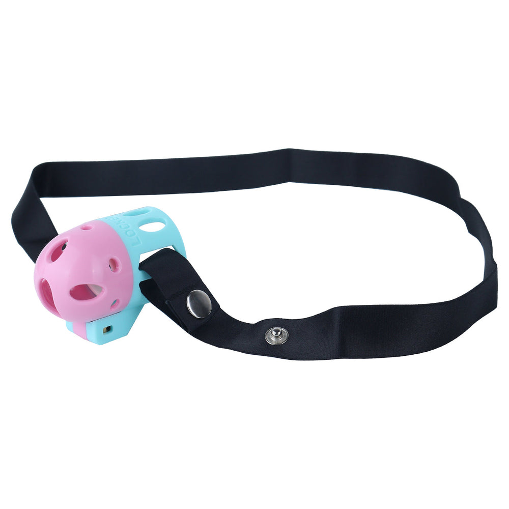 Pink and blue ringless bullet cage attached to black adjustable waist belt
