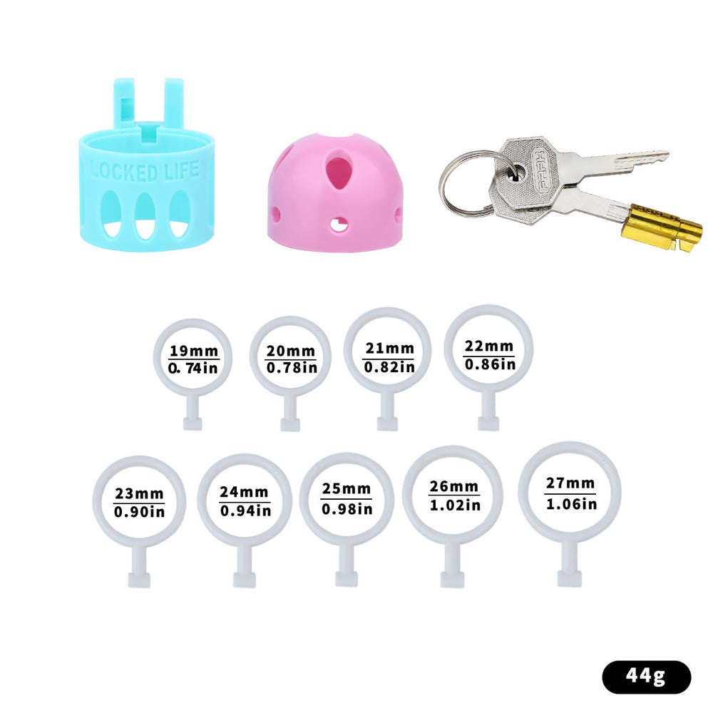 Pink and blue ringless bullet cage kit without belt, with nine inner rings and keys
