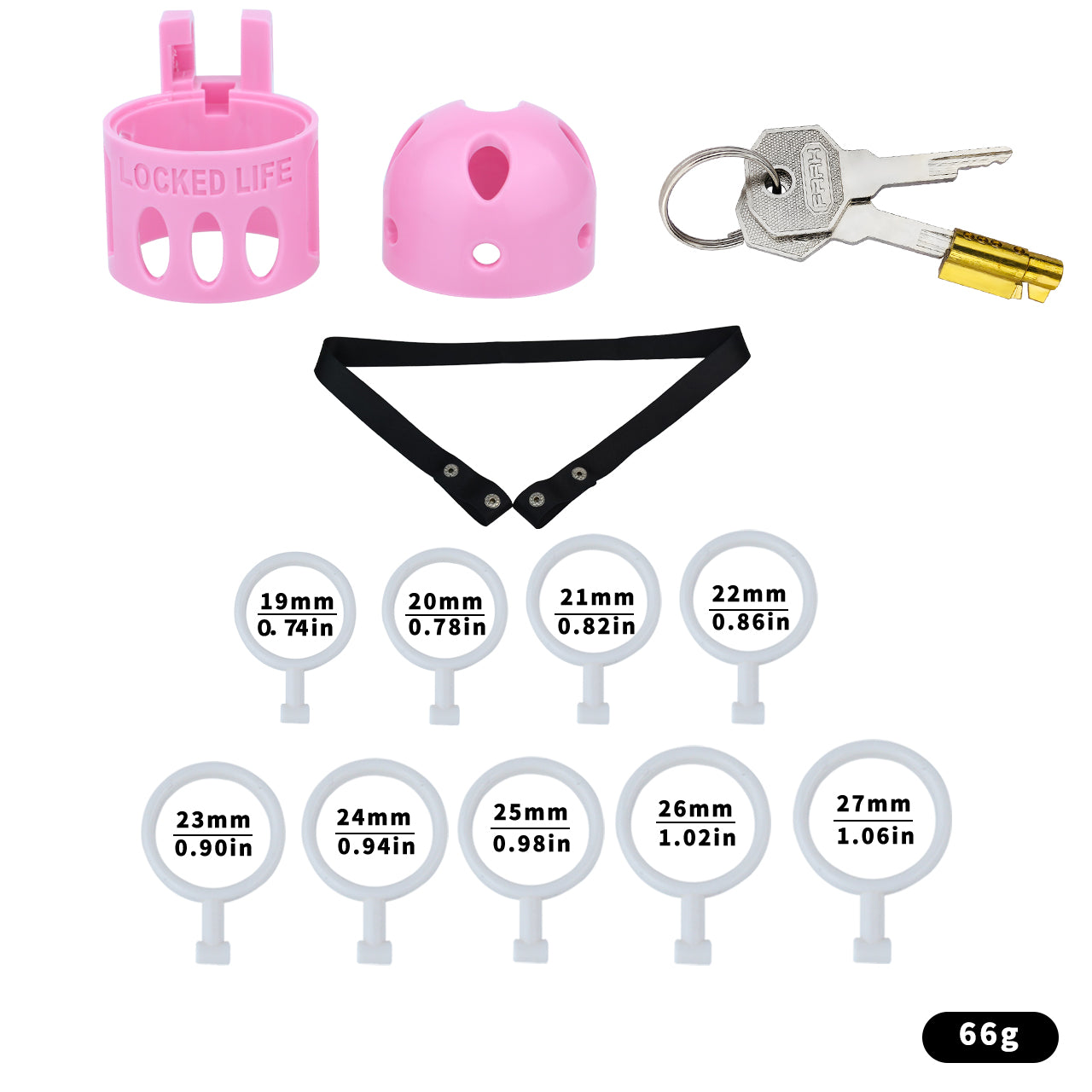 Pink ringless bullet cage kit with black waist belt, nine inner rings and keys

