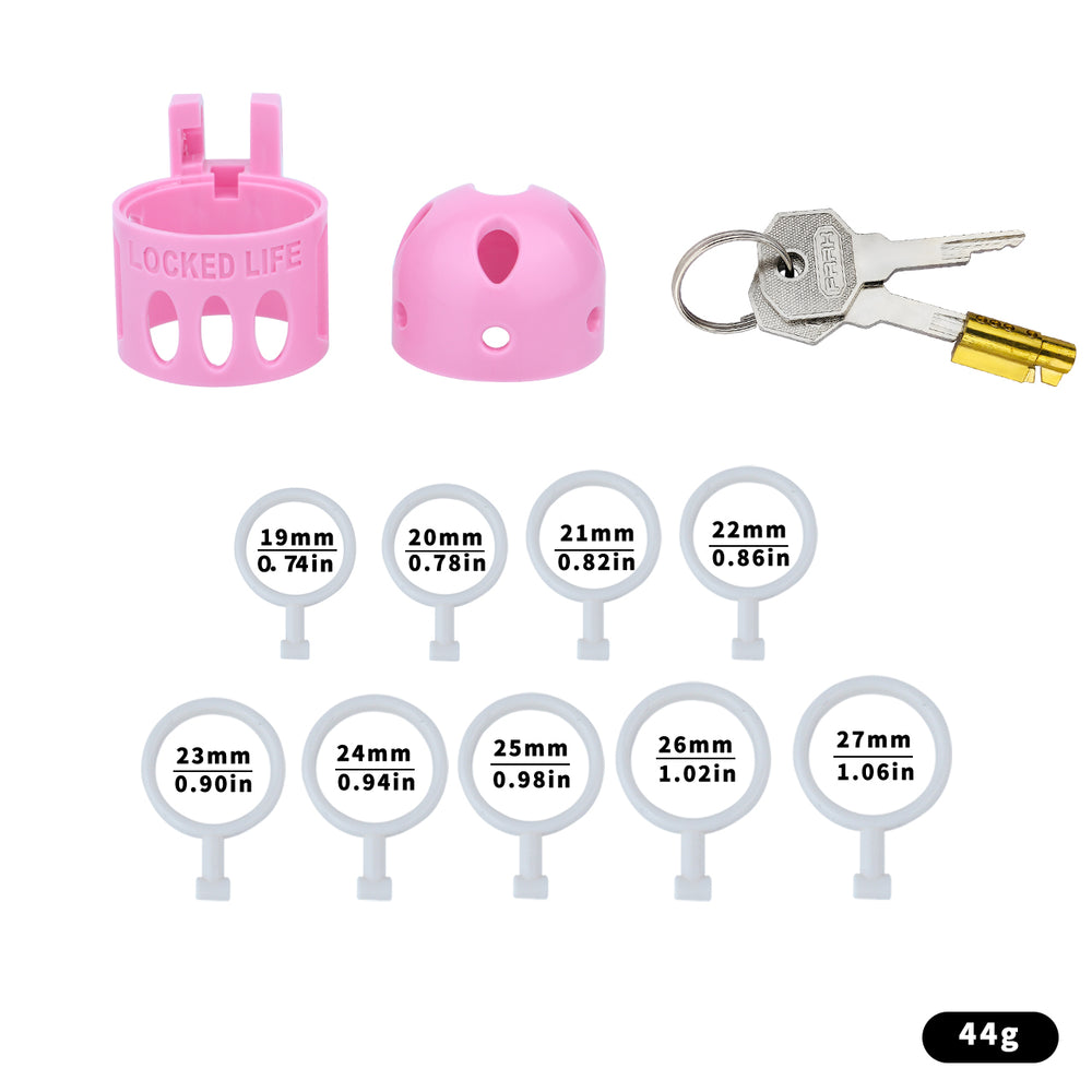 Pink ringless bullet cage kit without belt, with nine inner rings and keys
