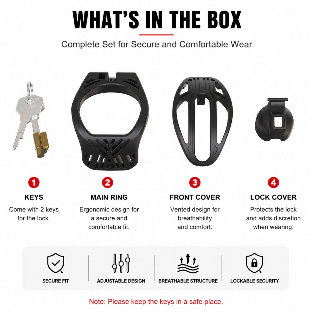 Component diagram showing the black main frame, front cover, lock cover, a metal lock core and two keys

