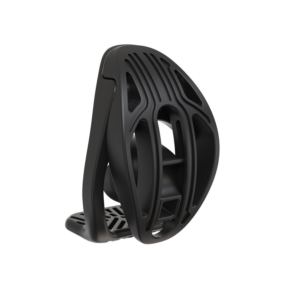 Front angled view of the black cage with a slotted front cover and open frame

