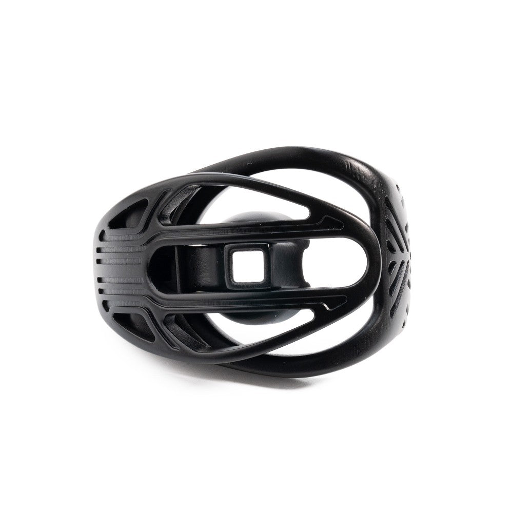 Black cage laid horizontally with a slotted front cover and central component
