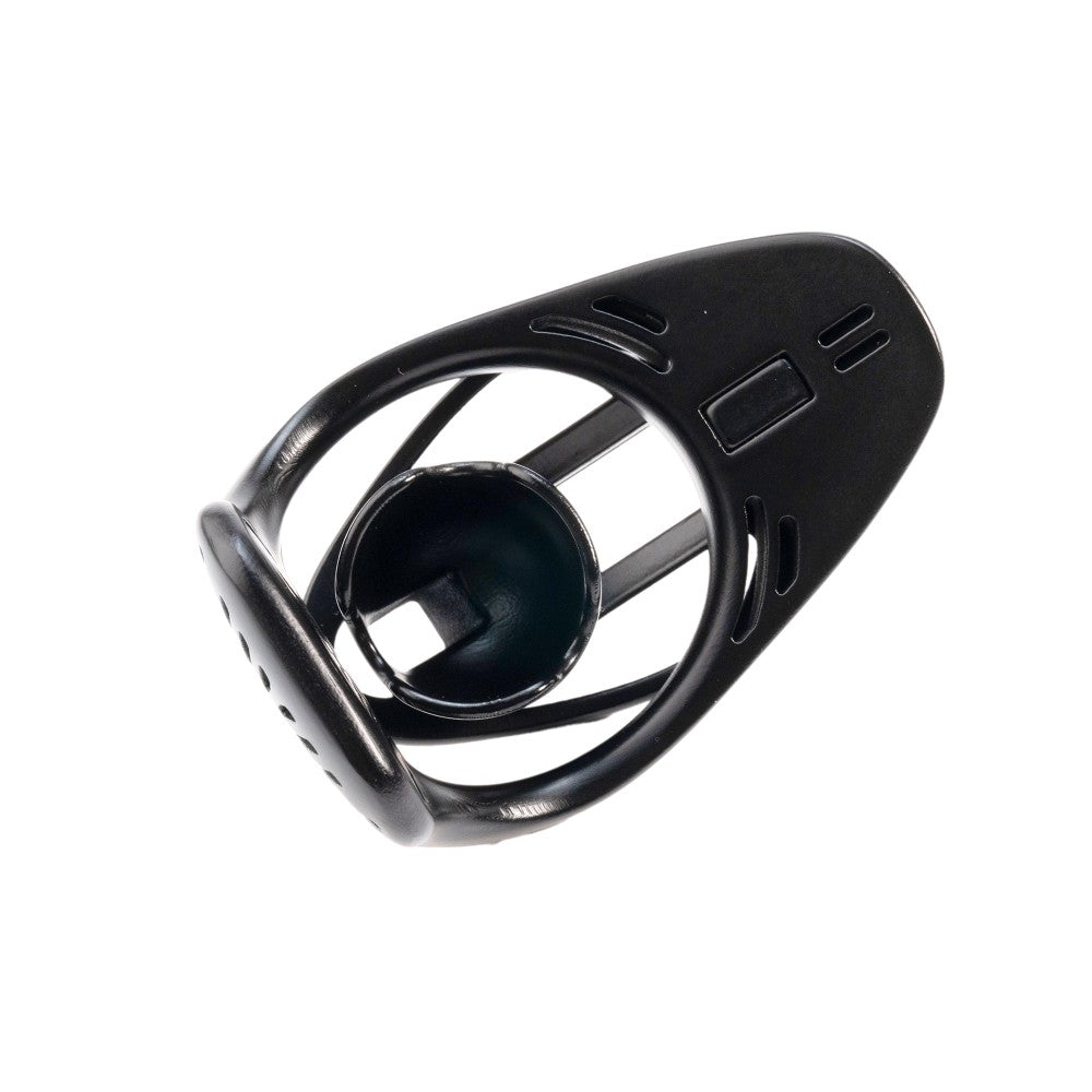 Rear angled view of the black retaining frame and circular lock cover with a square opening

