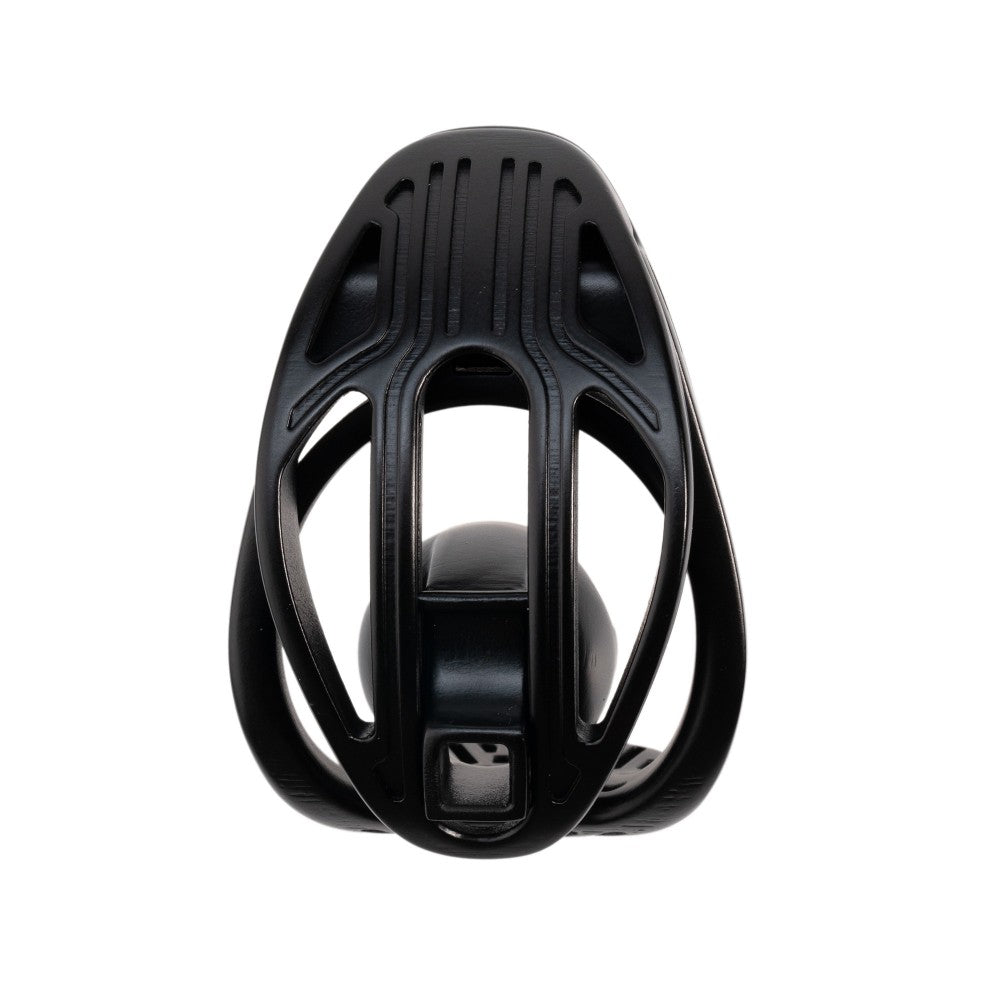 Front view of the black cage showing its long ventilation slots and central component
