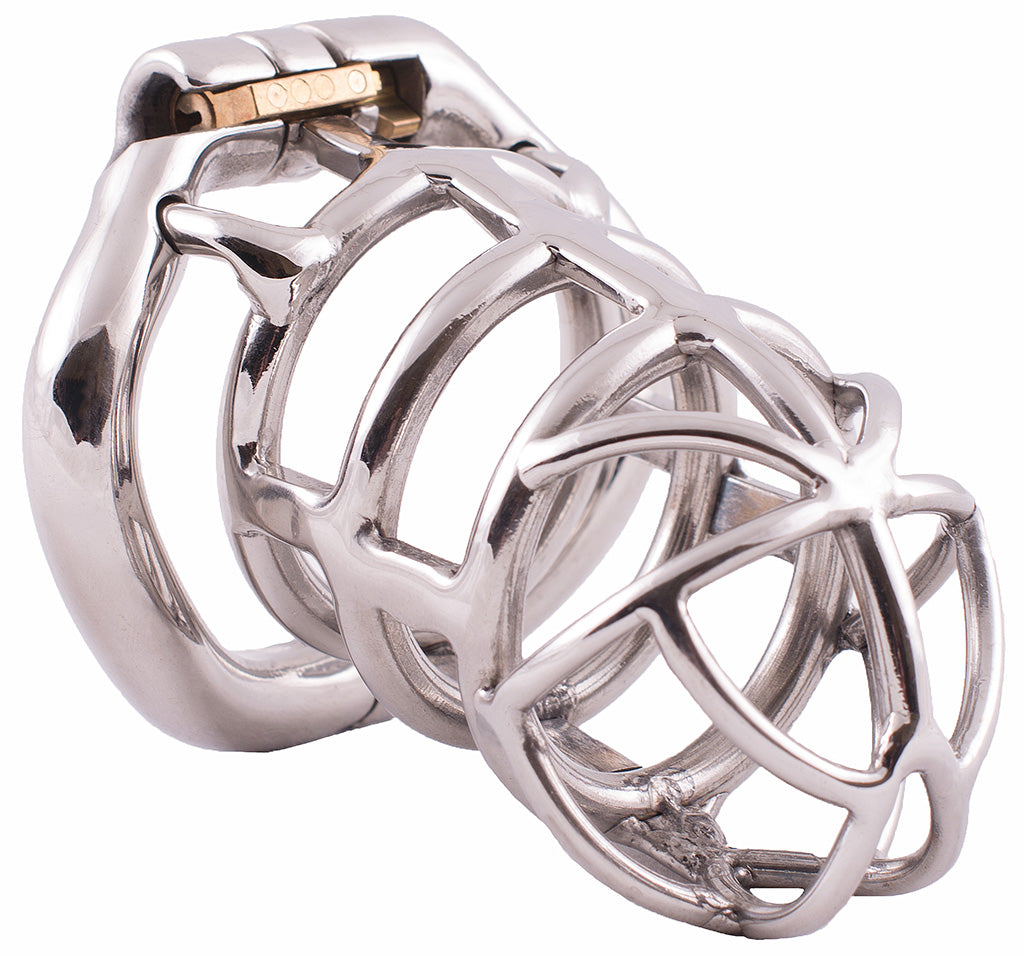 S106 arched open-frame stainless steel chastity cage with hinged base ring