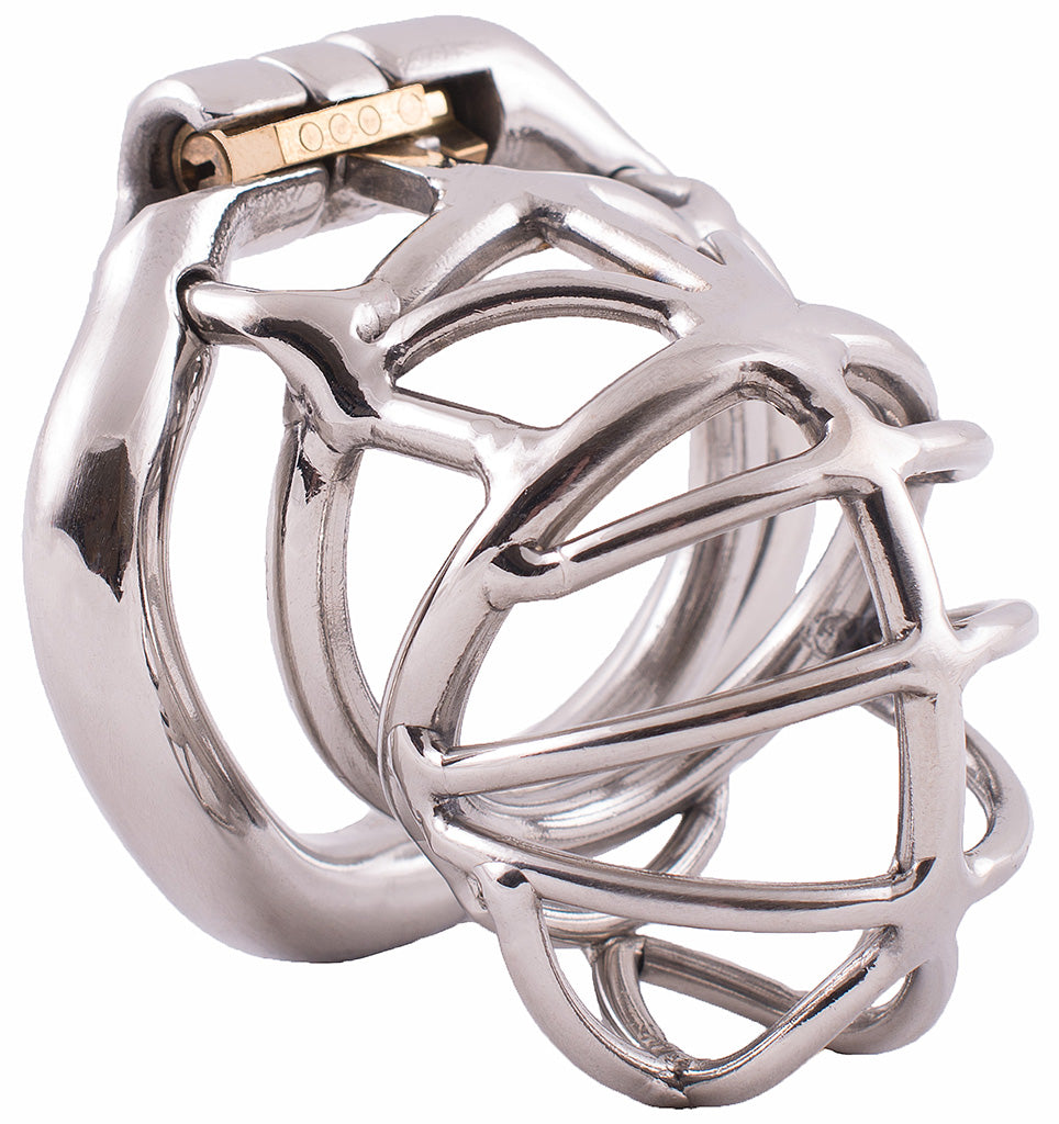 S107 curved open-frame stainless steel chastity cage with hinged base ring