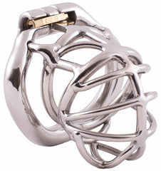 S107 curved open-frame stainless steel chastity cage with hinged base ring