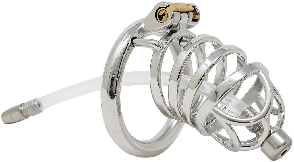 S202 XL loop-front stainless steel urethral chastity cage with circular base ring