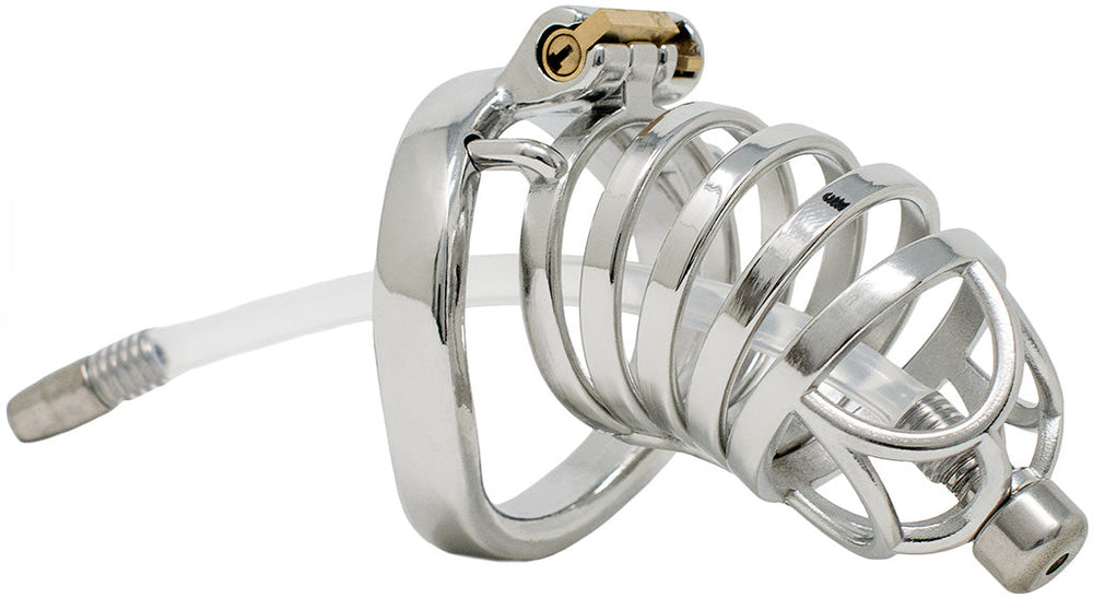 S202 XXL loop-front stainless steel urethral chastity cage with curved base ring