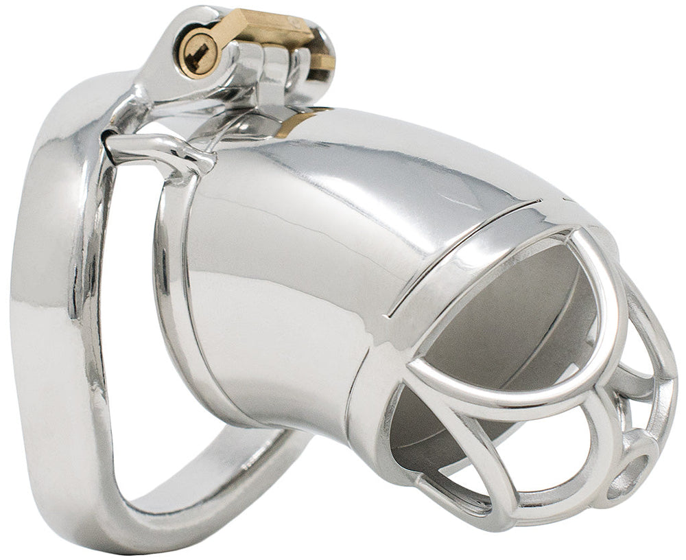 S203 rounded open-tip stainless steel chastity cage large with curved ring