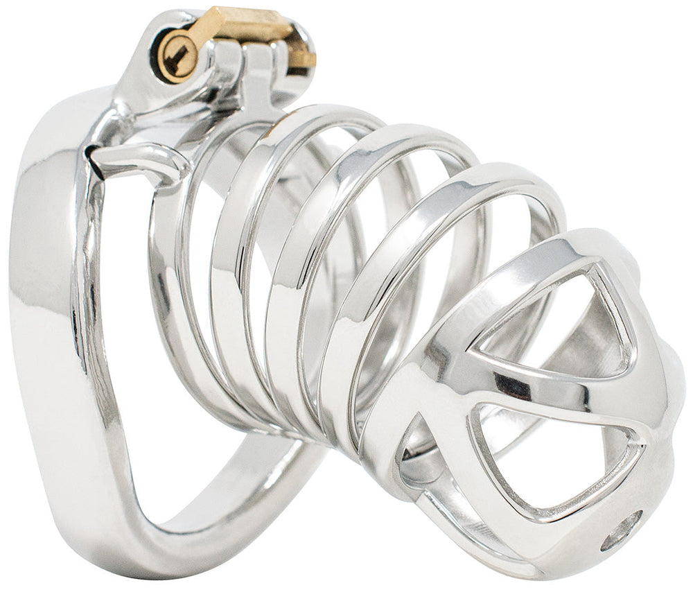 S209 XXL loop-front stainless steel chastity cage with curved base ring