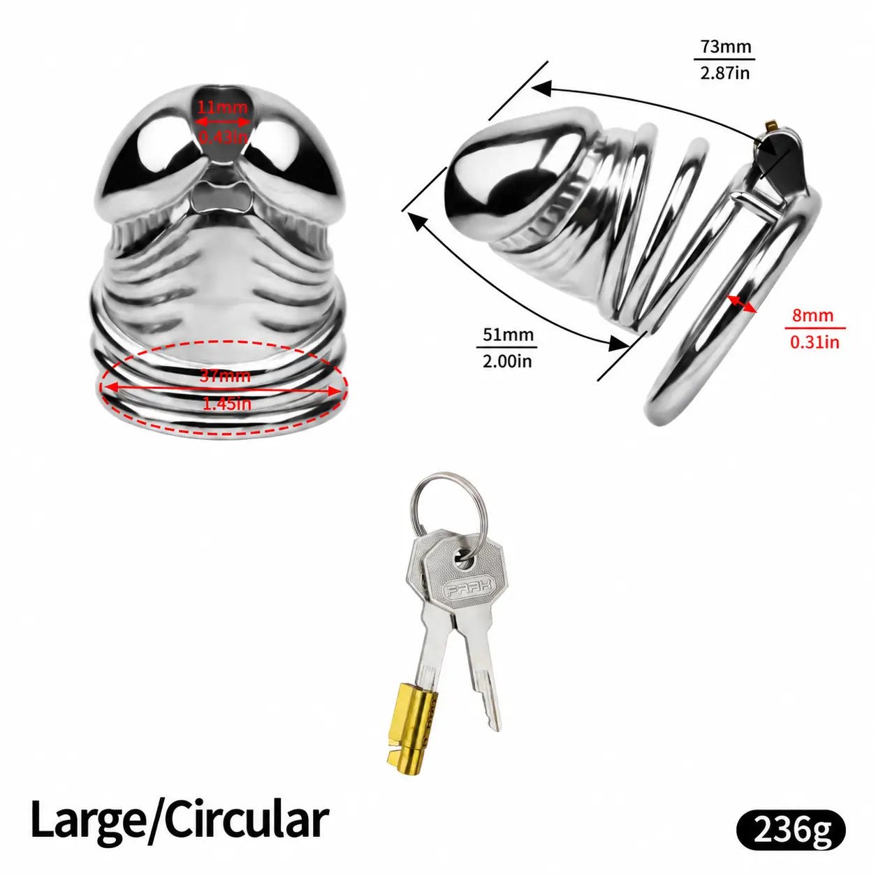 JTS S216 Large circular-ring size diagram with 73 mm upper and 51 mm lower external measurements, 37 mm rear opening and 8 mm ring-to-cage gap

