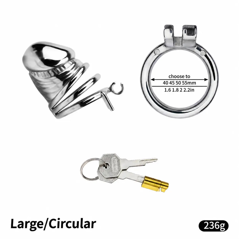Disassembled JTS S216 Large cage with circular base ring, lock core and two keys, showing 40, 45, 50 and 55 mm ring choices
