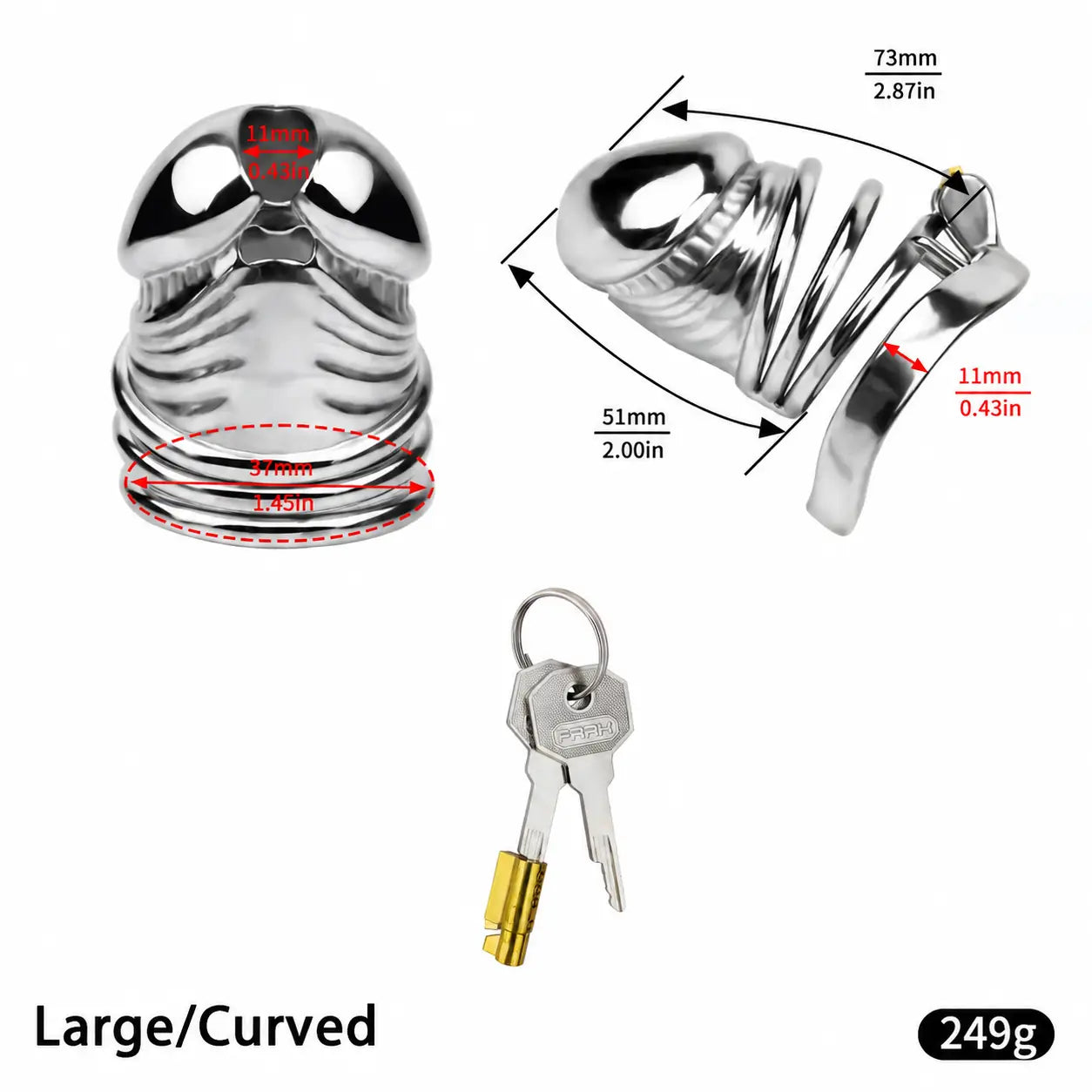 JTS S216 Large curved-ring size diagram with 73 mm upper and 51 mm lower external measurements, 37 mm rear opening and 11 mm ring-to-cage gap
