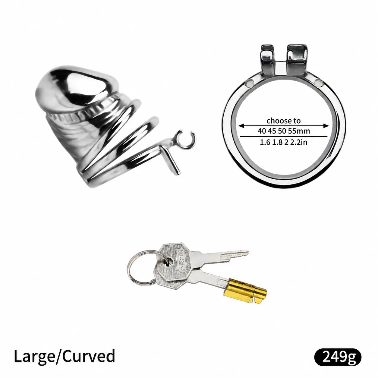 Disassembled JTS S216 Large cage with curved base ring, lock core and two keys, showing 40, 45, 50 and 55 mm ring choices
