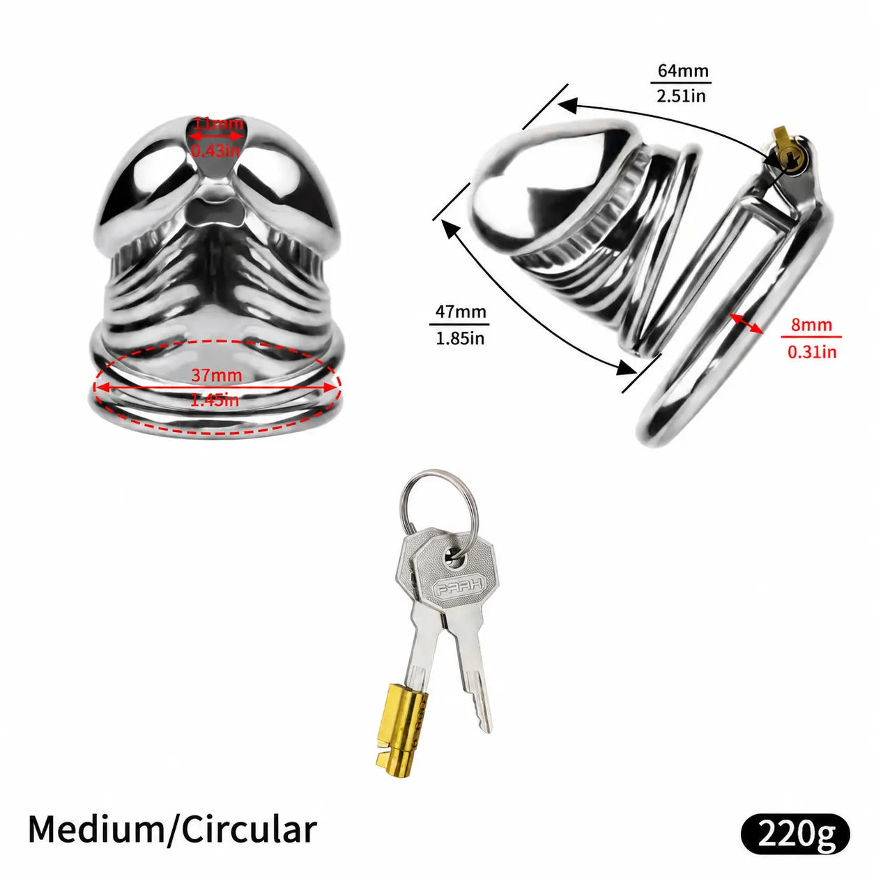 JTS S216 Medium circular-ring size diagram with 64 mm upper and 47 mm lower external measurements, 37 mm rear opening and 8 mm ring-to-cage gap

