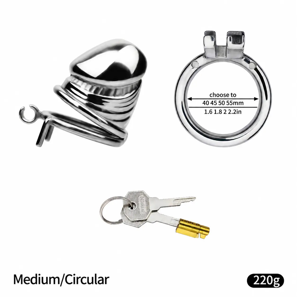 Disassembled JTS S216 Medium cage with circular base ring, lock core and two keys, showing 40, 45, 50 and 55 mm ring choices
