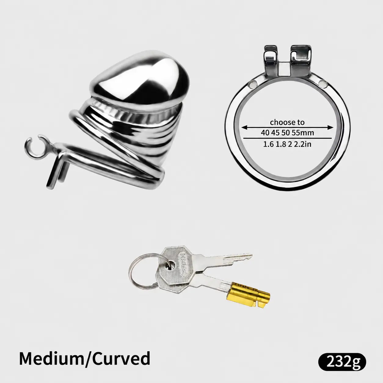Disassembled JTS S216 Medium cage with curved base ring, lock core and two keys, showing 40, 45, 50 and 55 mm ring choices
