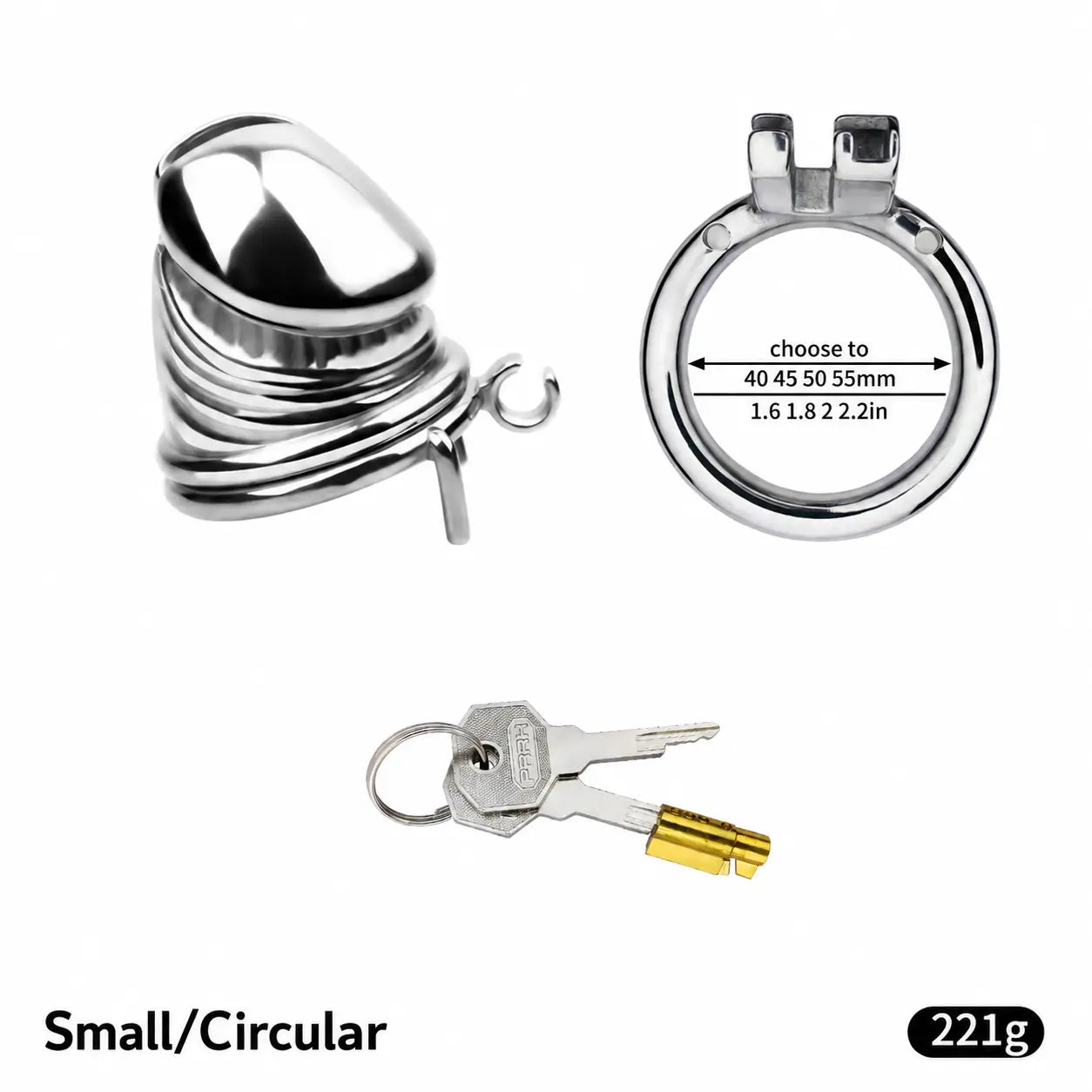 Disassembled JTS S216 Small cage with circular base ring, lock core and two keys, showing 40, 45, 50 and 55 mm ring choices
