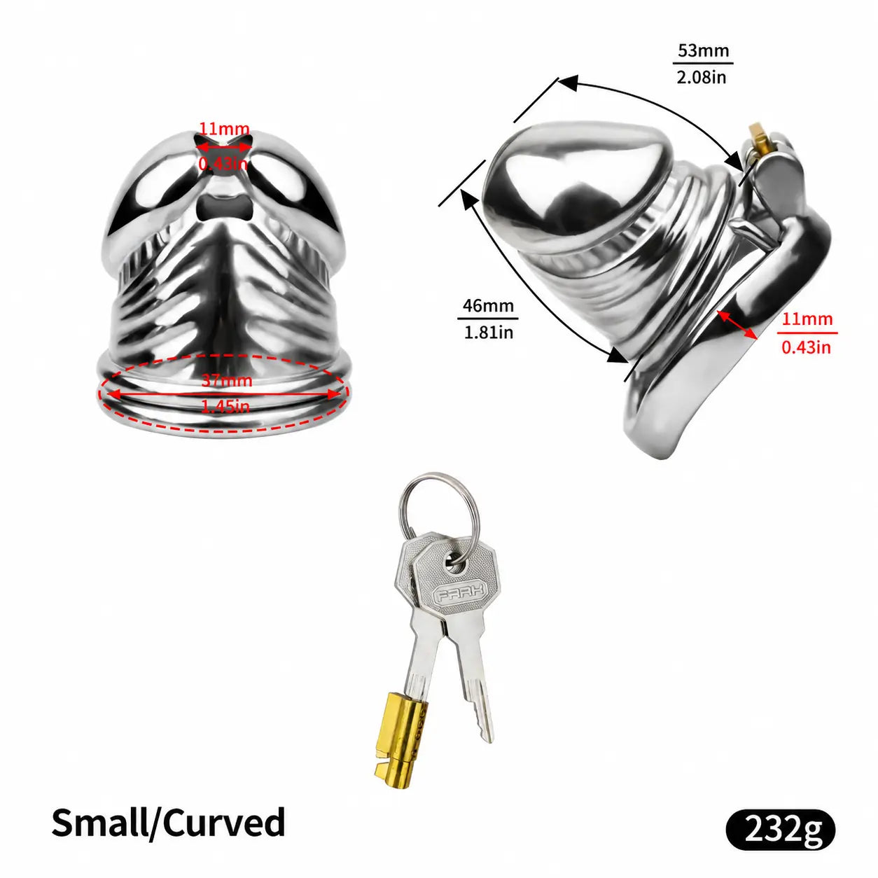 JTS S216 Small curved-ring size diagram with 53 mm upper and 46 mm lower external measurements, 37 mm rear opening and 11 mm ring-to-cage gap
