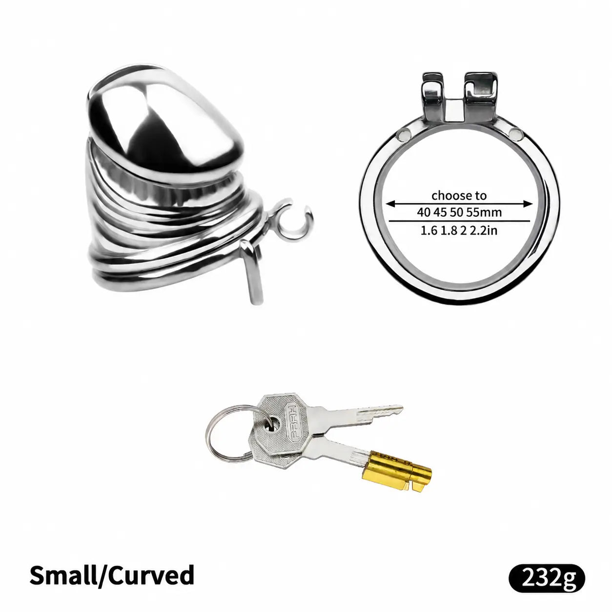 Disassembled JTS S216 Small cage with curved base ring, lock core and two keys, showing 40, 45, 50 and 55 mm ring choices
