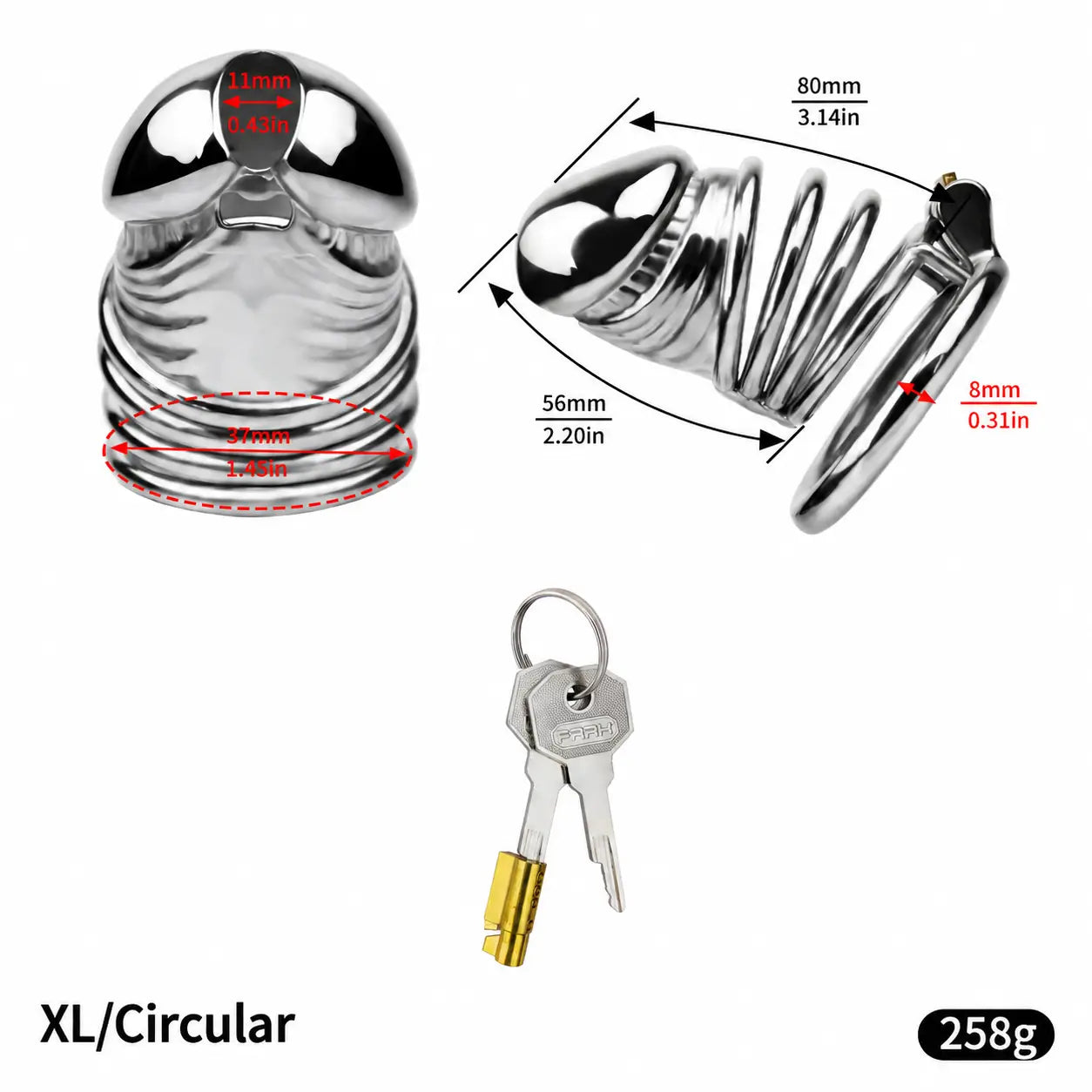 JTS S216 XL circular-ring size diagram with 80 mm upper and 56 mm lower external measurements, 37 mm rear opening and 8 mm ring-to-cage gap
