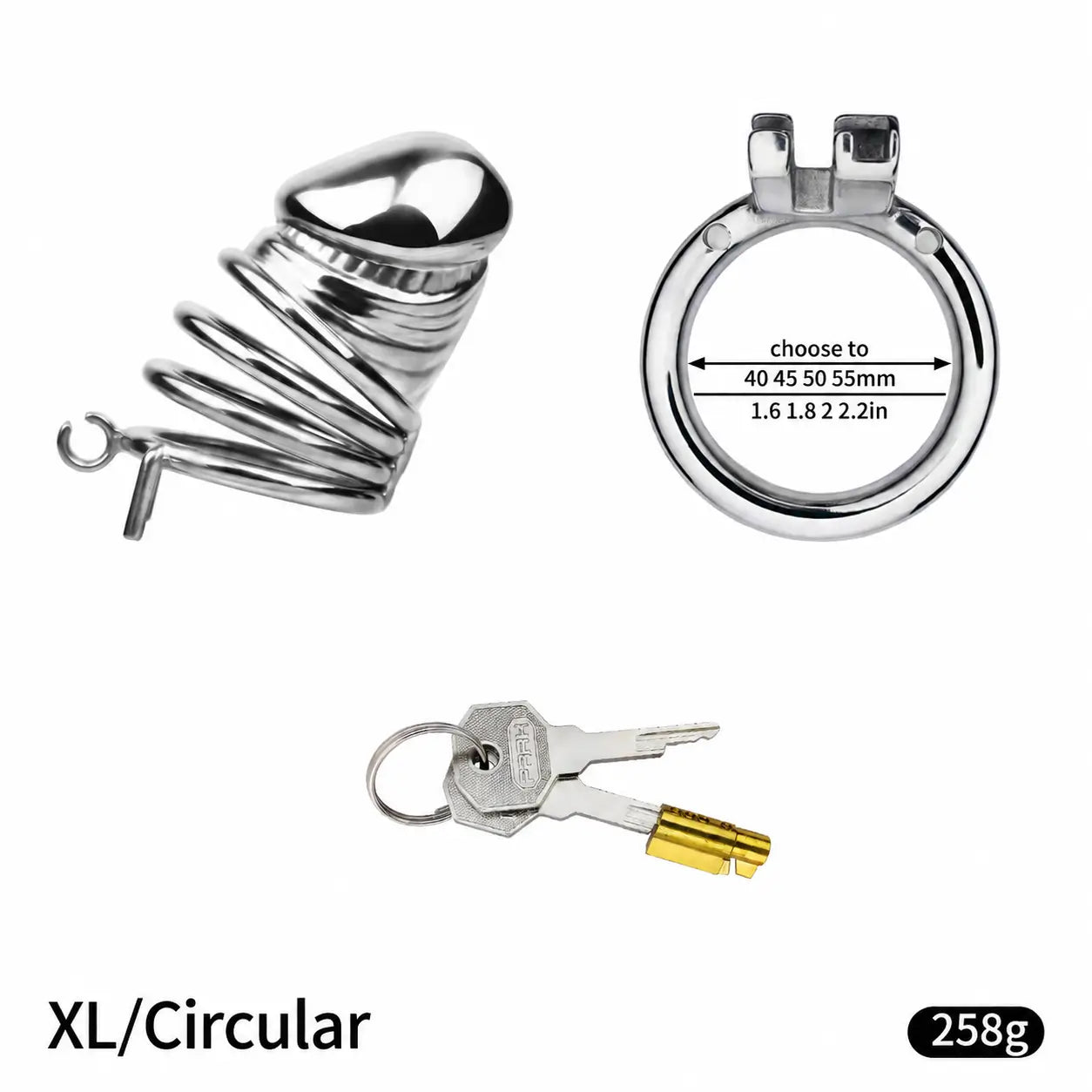 Disassembled JTS S216 XL cage with circular base ring, lock core and two keys, showing 40, 45, 50 and 55 mm ring choices
