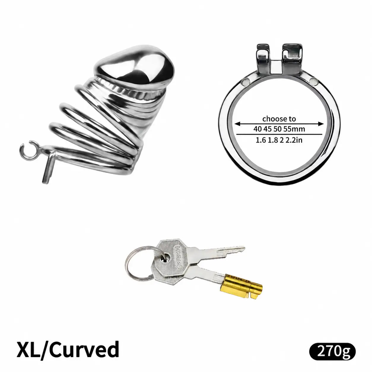 Disassembled JTS S216 XL cage with curved base ring, lock core and two keys, showing 40, 45, 50 and 55 mm ring choices
