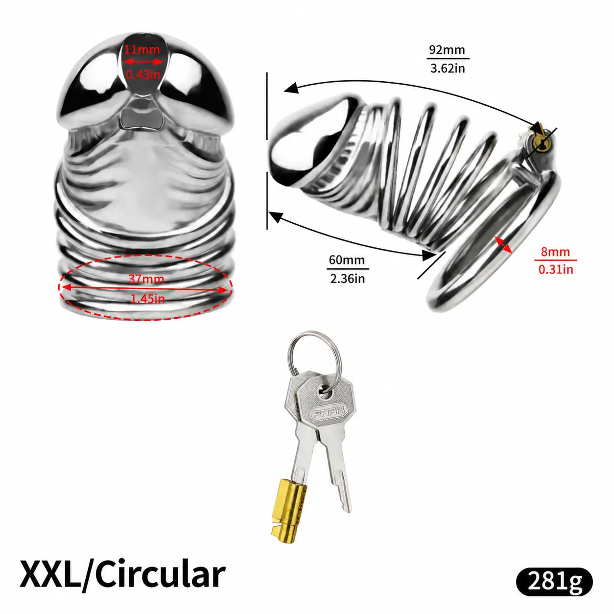 JTS S216 XXL circular-ring size diagram with 92 mm upper and 60 mm lower external measurements, 37 mm rear opening and 8 mm ring-to-cage gap
