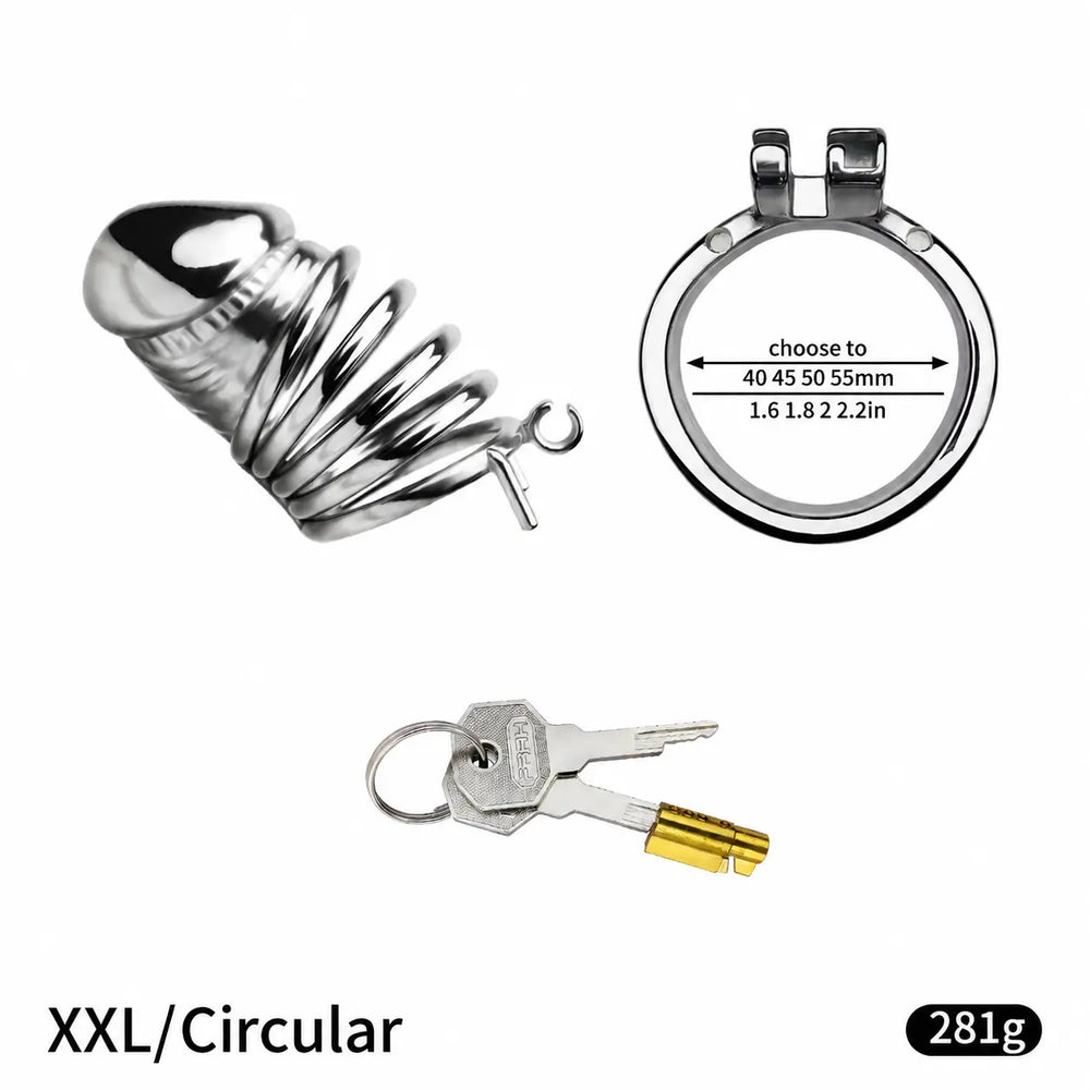 Disassembled JTS S216 XXL cage with circular base ring, lock core and two keys, showing 40, 45, 50 and 55 mm ring choices
