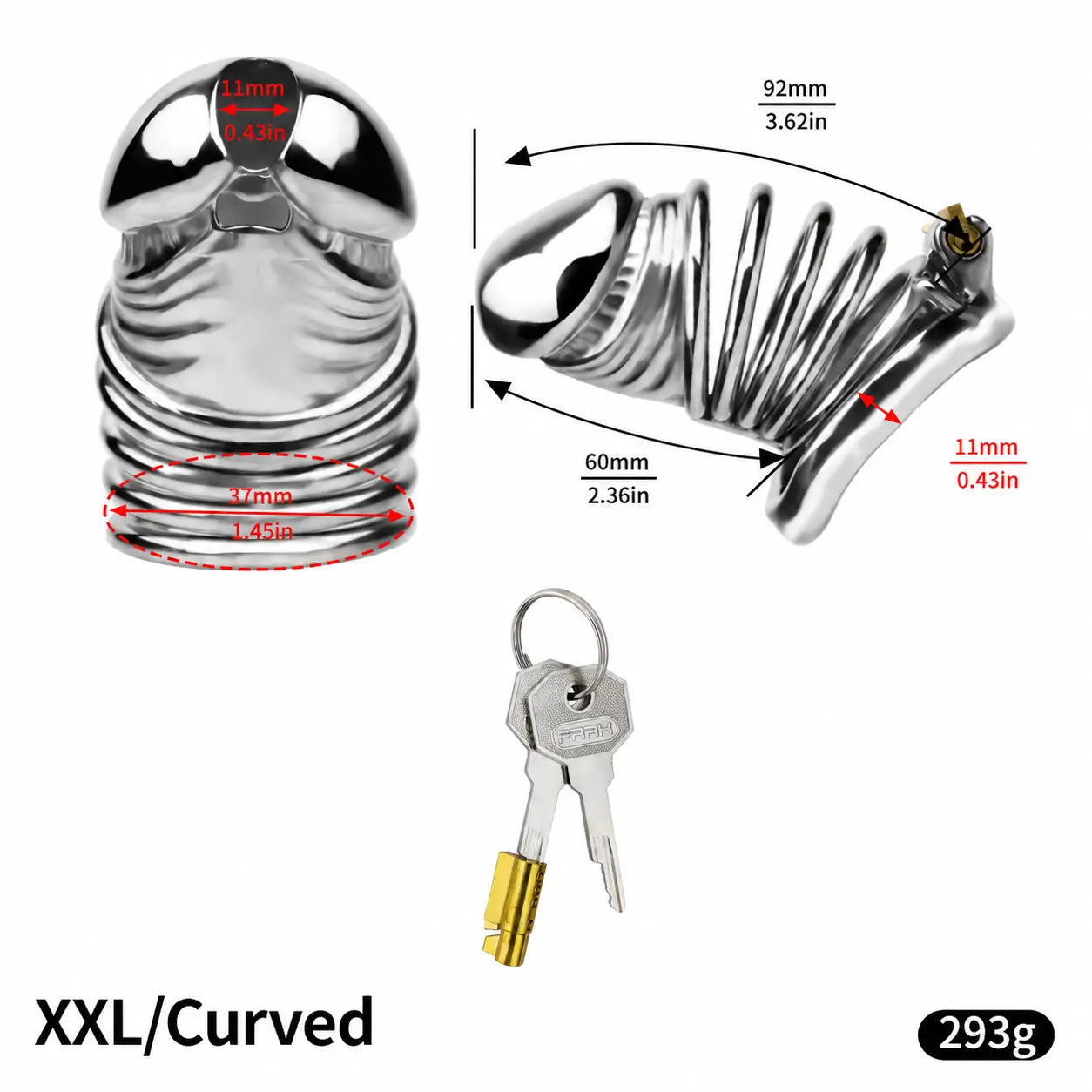 JTS S216 XXL curved-ring size diagram with 92 mm upper and 60 mm lower external measurements, 37 mm rear opening and 11 mm ring-to-cage gap
